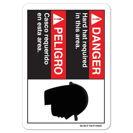 ANSI Danger Sign, Danger Hard Hats Required In This Area, Bilingual Spanish, 7in X 5in Decal